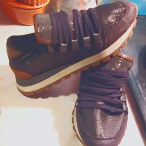 Brunello cucinelli Stardust Leather and Shiny Net Sneakers W/Precious Tongue